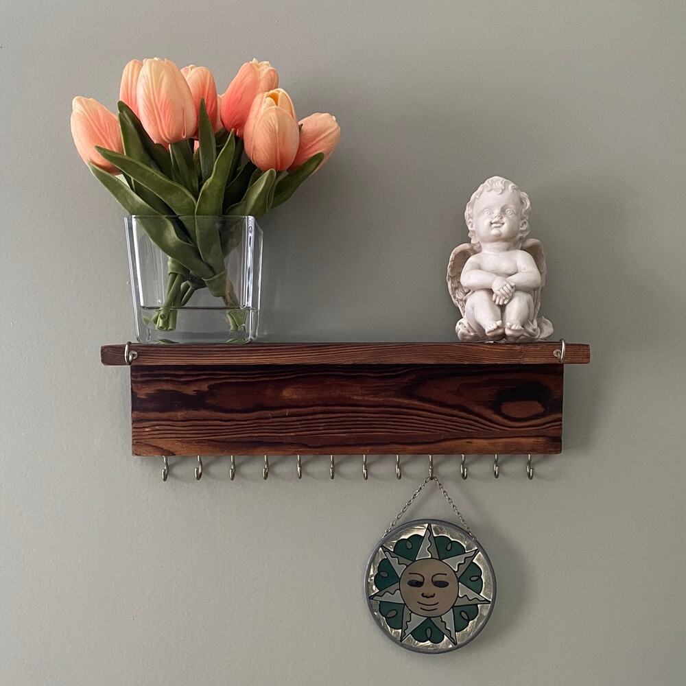 Vintage Wall Shelf with 14 Hooks - Entryway Key Jewelry Organizer